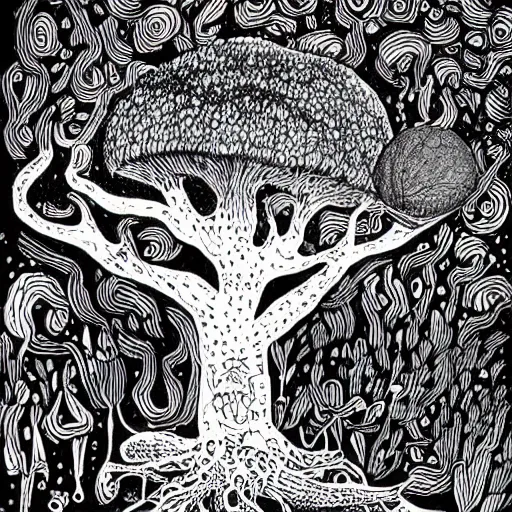 Image similar to black and white ink doodle illustration of an ancient tree floating in outer space, overgrown with funghi, style by peter deligdisch, peterdraws