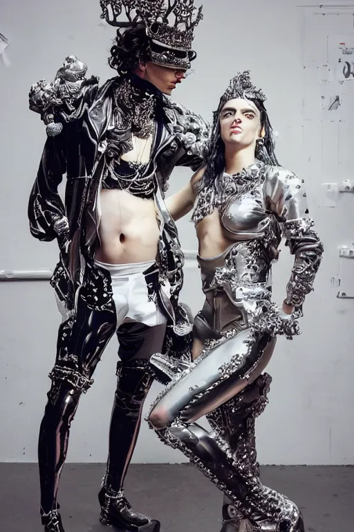 Prompt: full-body rococo and cyberpunk style neon statue of a muscular attractive Timothée Chalamet macho dotado e rico android sim roupa reclining con las piernas abertas e la piroca dura, glowing white lasers, glowing eyes, silver prince crown, silver steampunk gears, white diamonds, swirling mint-colored silk fabric. futuristic elements. ethereal white dripping tar. full-length view. space robots. human skulls. large white balloon animals. intricate artwork by caravaggio. Trending on artstation, octane render, cinematic lighting from the right, hyper realism, octane render, 8k, depth of field, 3D