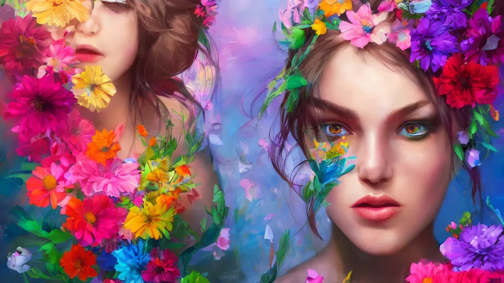 Prompt: stunning colorful mixed media art, female character, flowers, art by cgsociety, 8 k, high resolution