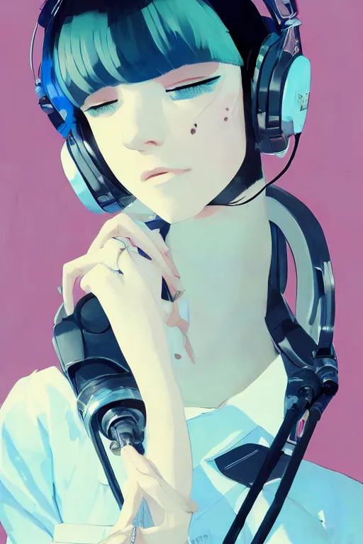 Image similar to a cute young woman listening to music with her eyes closed and wearing headphones, white bob cut hair, cyberpunk setting, e-girl, tattoos, blue and white, vivid colors, soft lighting, atmospheric, cinematic, moody, in the style of Ilya Kuvshinov and Range Murata, Krenz Cushart, oil on canvas, 8k