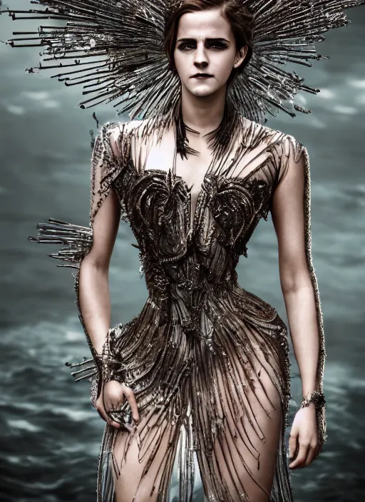 Image similar to expressive full body photo of emma watson, headpiece made from water, dress made of steel blades, glamour shot, by karol bak, stefan gesell, photorealistic, canon, fashion photography, hyper maximalist, elegant, ornate, luxury, elite, environmental portrait, symmetrical features, octane render, unreal engine, solid dark grey background, dramatic lights