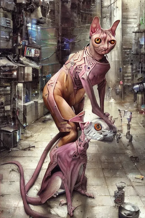 Prompt: a cyborg!! sphynx cat!!, in a cyberpunk alleyway by daniel gerhartz