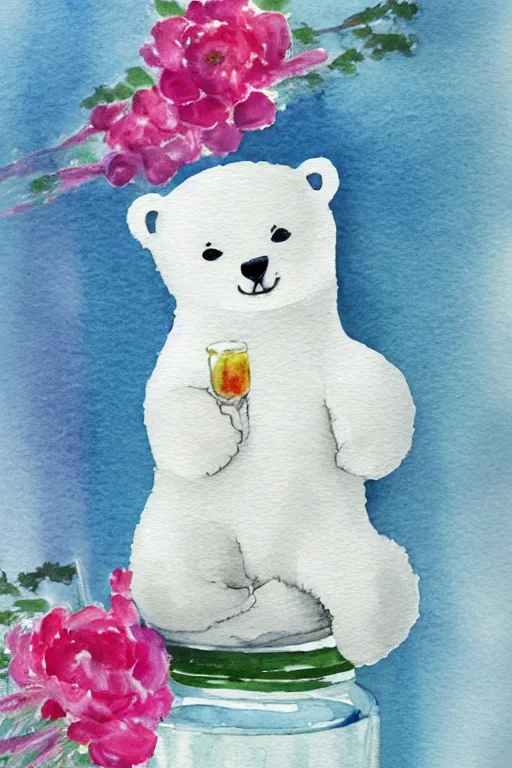 Image similar to a cute anime polar bear holding a porcelain vase, watercolor, white background, lovely
