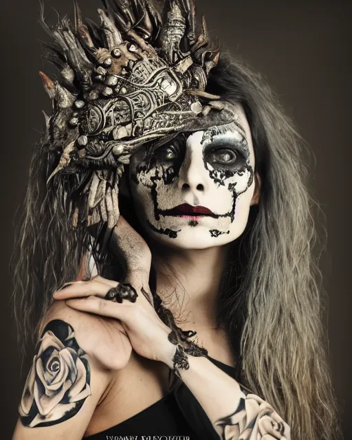 Image similar to photorealistic head and shoulders photo of beautiful female ornate fantasy Witch goddess, confident, minimal black skull warpaint, tattoos, Neil Blevins, James Paick, Natasha Tan Maciej Kuciara, Frank frazetta, arney freytag, Ritu Kumar, Sabyasachi Mukherjee, Magic the gathering,octane, bokeh, 8k, fashion pose, cinematic, 28mm