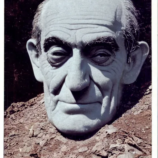 Image similar to old color postcard : abe vigoda's face carved into a mountainside, 6 0 0 feet tall.