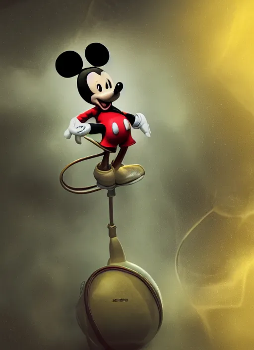 Image similar to mickey mouse, gas mask, fractal, leathery, wet, broken, melting, rococo, mycelium, baroque, sumerian, radiant alien, magic kingdom, octane render, high detail