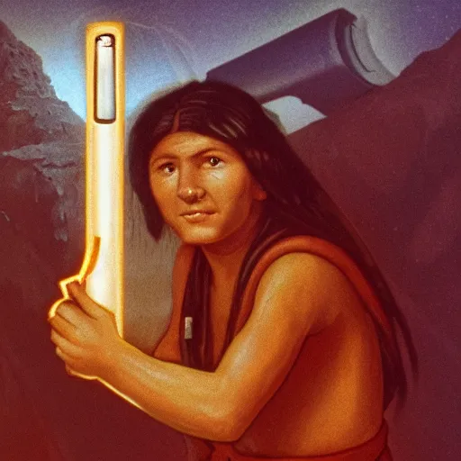 Image similar to photograph of a neolithic person holding a plasma rifle