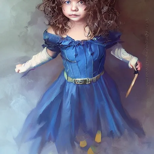 Image similar to a little girl with short wavy curly light brown hair and blue eyes in the most amazing children's halloween costume. painting by artgerm and greg rutkowski.