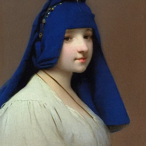 Prompt: a young woman’s face, her hair is white and she wears a cobalt blue cloak, by ivan aivazovsky and pieter claesz and paul delaroche and alma tadema and august malmstrom and and willen claesz heda and aelbert cuyp and gerard ter borch, contrapposto, hyperrealistic, volumetric light, rendered in octane, c4d