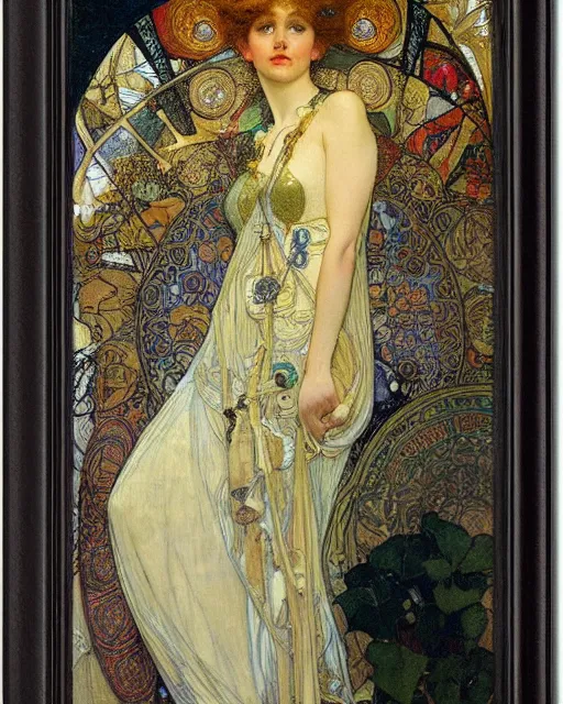 Image similar to an elf princess by Alphonse Mucha, Gustav Klimt and edgar maxence