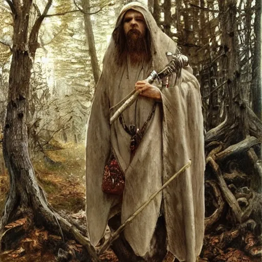 Image similar to slavic dog head man, woolen torso in medieval clothes, hiding in the forest, orthodox saint christopher, art by luis royo, oil painting, painting by viktor vasnetsov, concept art, hyperrealism, beautiful, high resolution, trending on artstation,