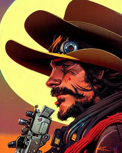 Image similar to mccree from overwatch, cyber space cowboy, character portrait, portrait, close up, concept art, intricate details, highly detailed, vintage sci - fi poster, retro future, vintage sci - fi art, in the style of chris foss, rodger dean, moebius, michael whelan, and gustave dore