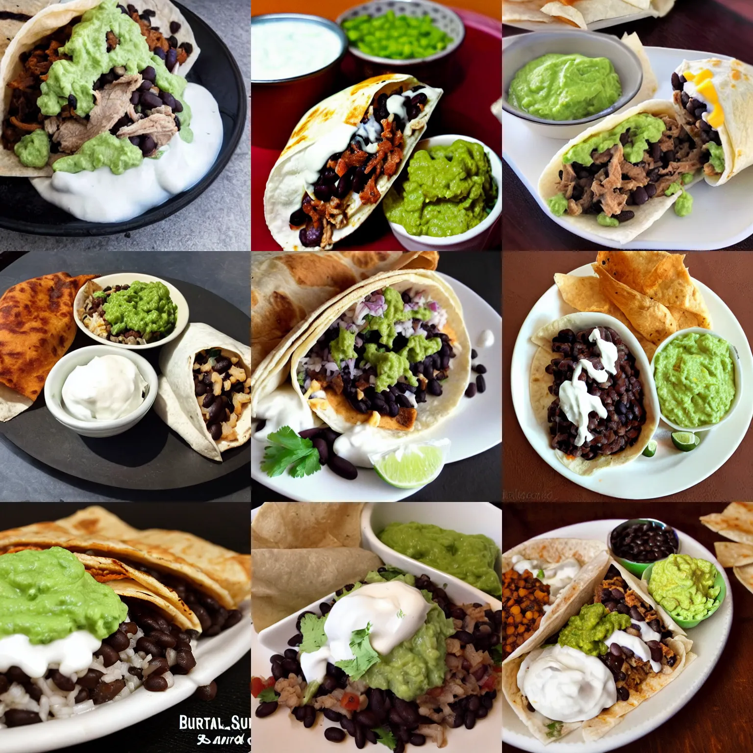 Prompt: chipotle burrito with white rice, black beans, carnitas, guacamole and sour cream