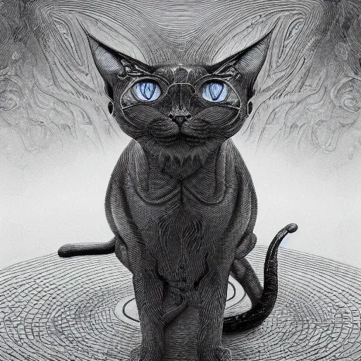 Image similar to photorealistic rendering of eldritch demon cat in the style of michael whelan, gustave dore, and stefan koidl. hyperdetailed photorealism, 1 0 8 megapixels, cinematic lighting.