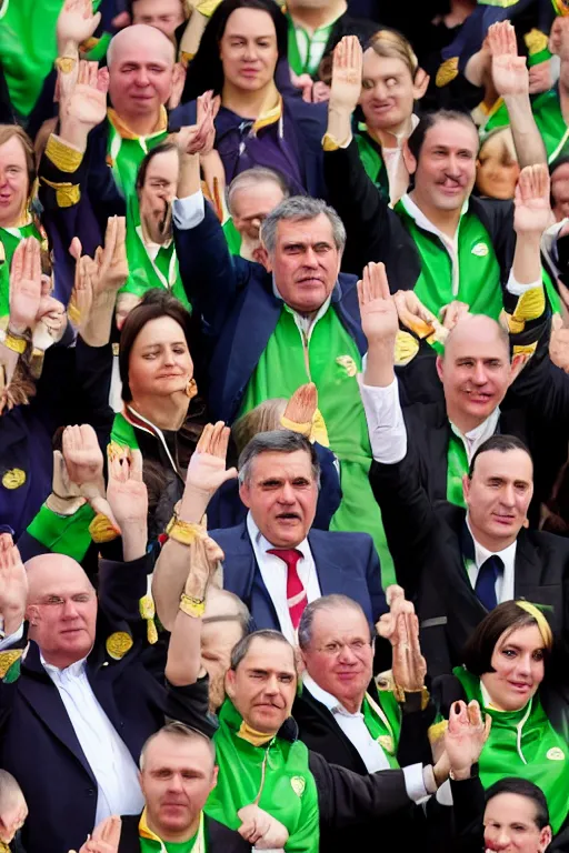 Prompt: gordon brown politician, dark hair, wearing a green tracksuit and gold necklace medallion, hands raised in the air,