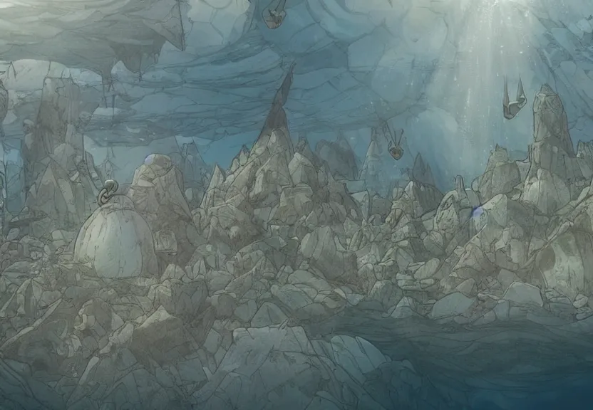 Prompt: a cell - shaded cartoon from howl's moving castle ( 2 0 0 4 ) showing several pyramids underwater at the bottom of the sea. shafts of sunlight come from above. wide shot, very dull muted colors, hd, 4 k, hq