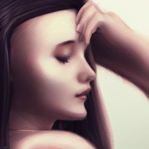 Prompt: A close-up portrait of a shy woman touching her hair, highly detailed, artstation, digital art, smooth