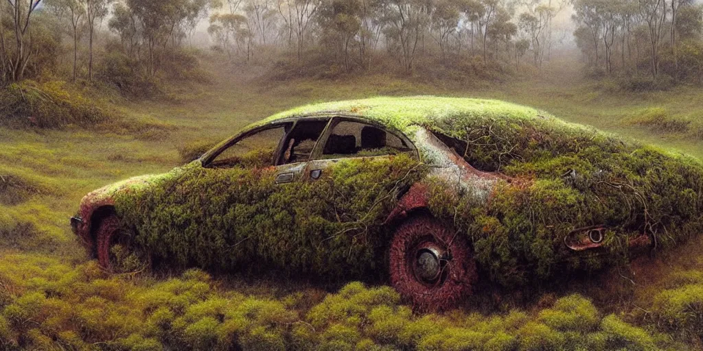 Image similar to hyper realistic painting of an australian landscape, an abandoned holden commodore covered with moss. by Zdzislaw Beksinski