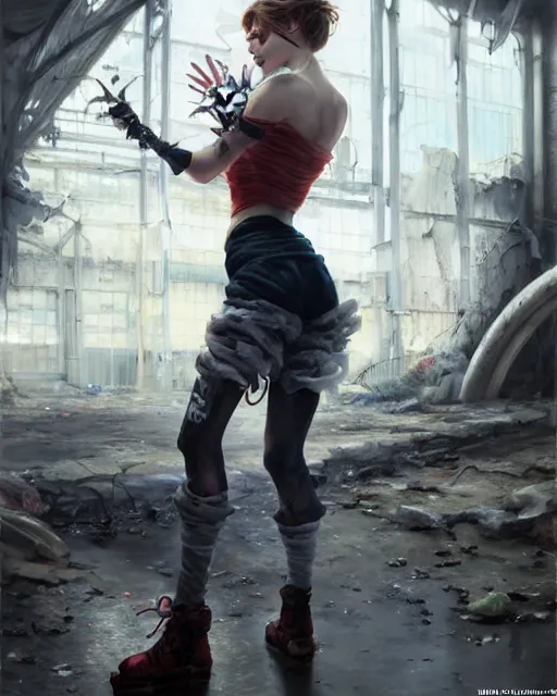 Image similar to daniel gerhartz and artgerm portrait digital rococo painting of a beautiful woman wearing streetwear clothing, abandoned warehouse interior in the background, unreal engine, hyper realism, realistic shading, cinematic composition, realistic render, octane render, detailed textures, photorealistic, ultrawide shot, 3 5 mm film