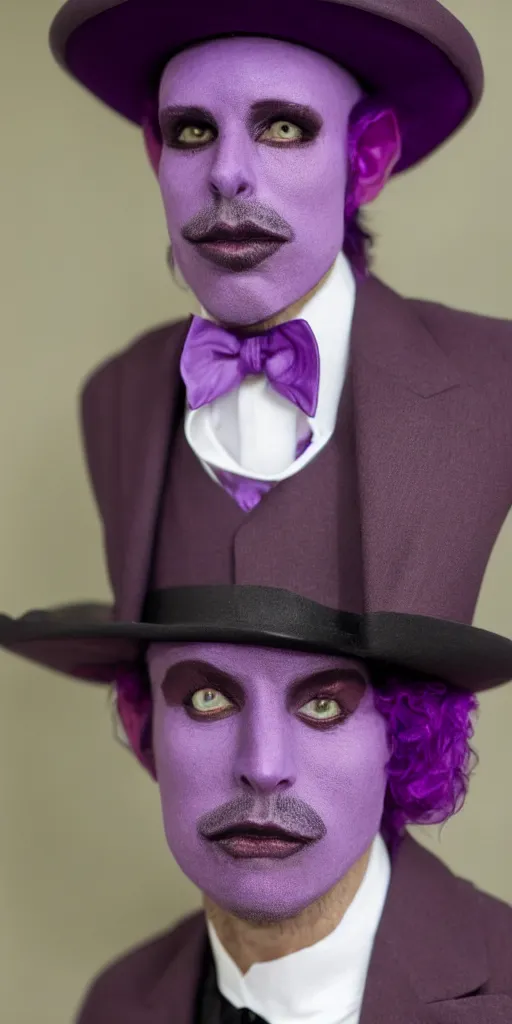 Image similar to a purple skinned tiefling with a goatee wearing a white suit and tophat, purple skin, goatee, by Monia Merlo