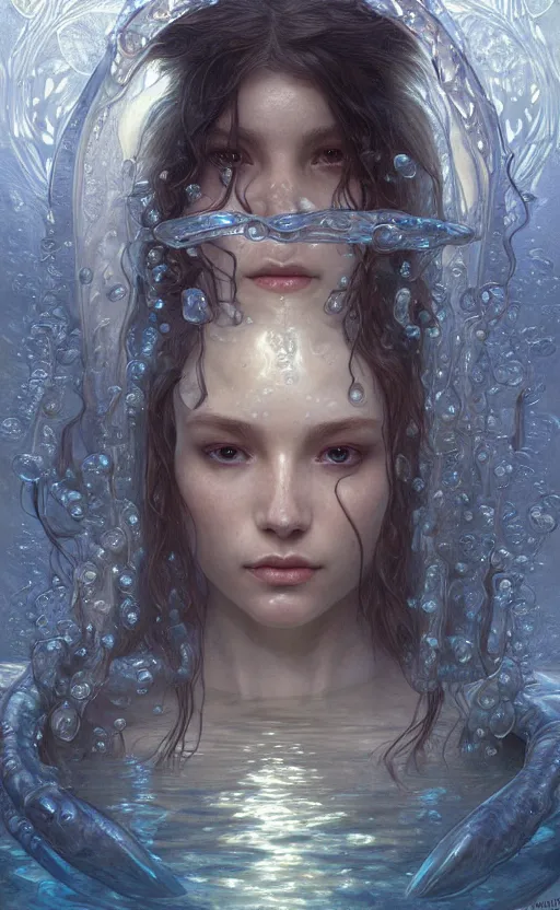 Image similar to portrait of a water creature, a humanoid with translucent skin, made of pure water, concept art, deep focus, fantasy, intricate, highly detailed, digital painting, artstation, matte, sharp focus, illustration, art by artgerm and greg rutkowski and alphonse mucha