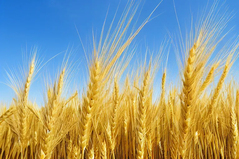 Prompt: Photo of clear blue sky and yellow wheat field, hd, beautiful, perfect light, photorealism, highly detailed, symmetry