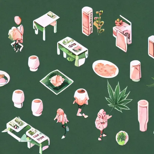 Prompt: neat composition cannabis leaf in pot cafe detailed cute characters, isometric fun style ink watercolor illustration, by ren hang, australian style video game still