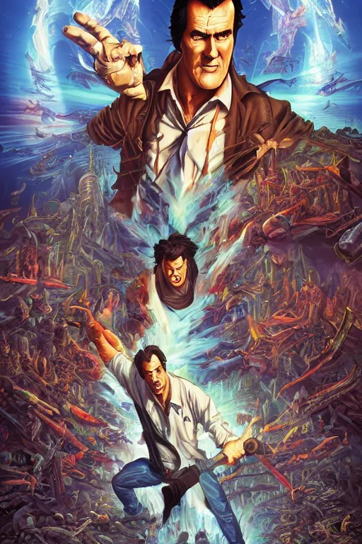 Image similar to the second coming of bruce campbell, by dan mumford, yusuke murata, makoto shinkai, ross tran, cosmic, heavenly, god rays, intricate detail, cinematic, 8 k, cel shaded, unreal engine, featured on artstation, pixiv