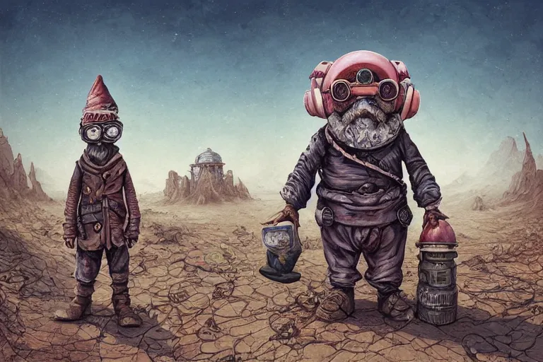 Image similar to a highly detailed forgotten garden gnome wearing goggles and head scarf surviving in a vast barren desert, hopeless wasteland background with a relentless raging sun overhead, post - apocalyptic road warrior vibe, full body, wide angle, an ultrafine detailed painting by joe fenton, trending on deviantart, pop surrealism, whimsical, lowbrow, perfect symmetrical face, sharp focus, octane, masterpiece