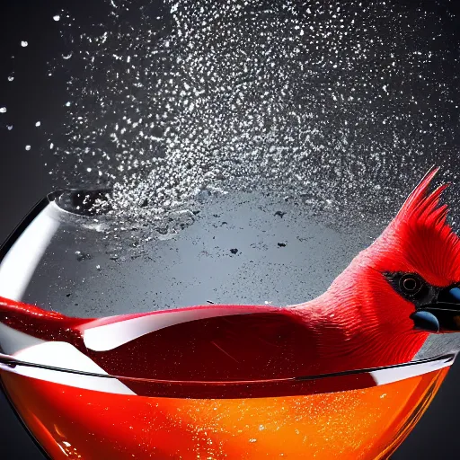 Image similar to a photorealistic photograph of a red Cardinal bird swimming inside of an Armagnac decanter at an upscale polo lounge Trending on Artstation, featured on Behance, well-rendered, Unreal Engine, 4K HD