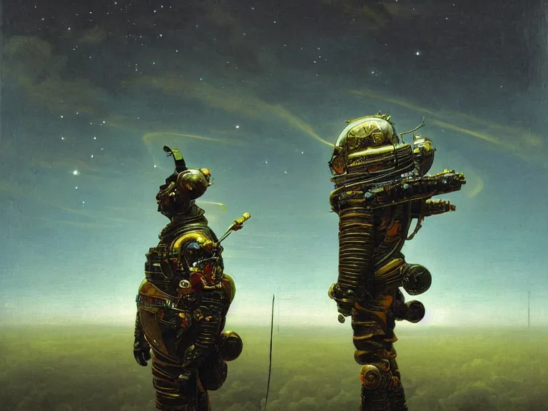 Image similar to a detailed profile oil painting of a soldier in a spacesuit with reflective helmet, advanced technology flight suit, portrait symmetrical and science fiction theme with aurora lighting clouds and stars by beksinski carl spitzweg and tuomas korpi. baroque elements, full-length view. baroque element. intricate artwork by caravaggio. Trending on artstation. 8k