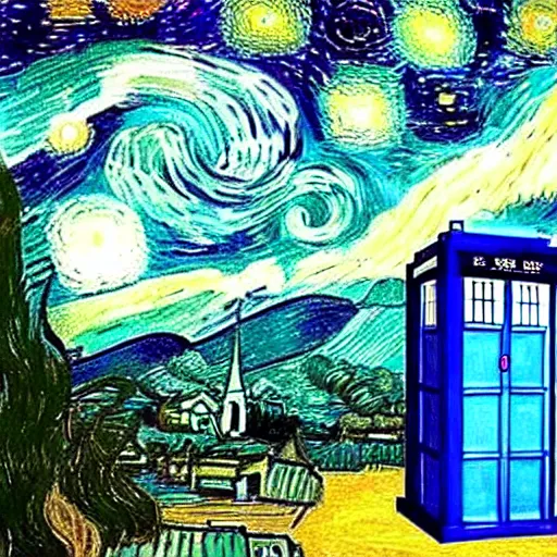 Image similar to tardis from doctor who exploding with a galaxy in the background, painting by vincent van gogh