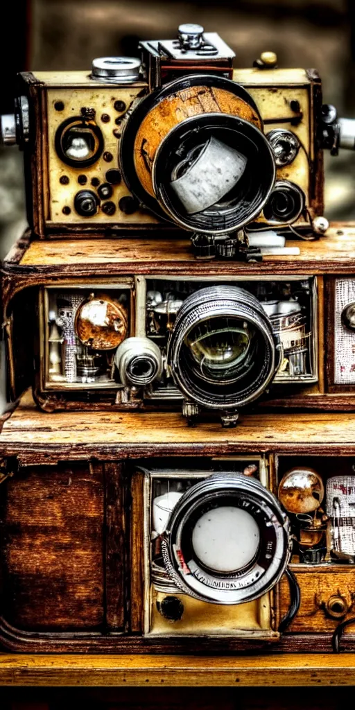 Prompt: A photo of a very old opened device with vacuum tubes, film, capacitors and coils inside, and a camera lens on the outside on an old wooden table by Wes Anderson, grungy, weathered Ultra detailed, hyper realistic, 4k