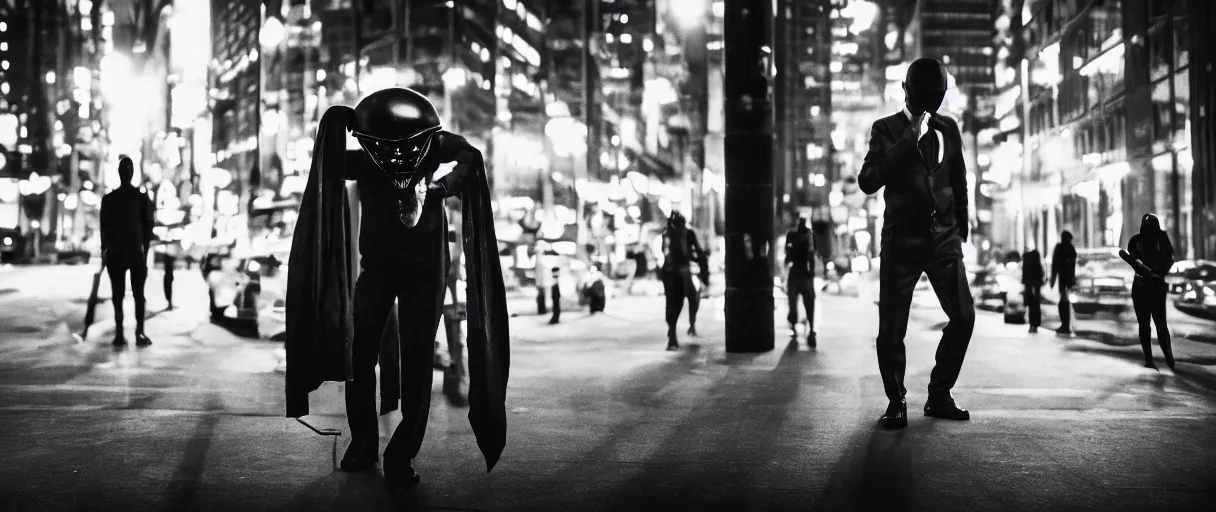 Prompt: super advanced alien doing facepalm when seeing human beings in the city, artistic photo, noir, monochrome, dark atmosphere, commercial photography, studio photography