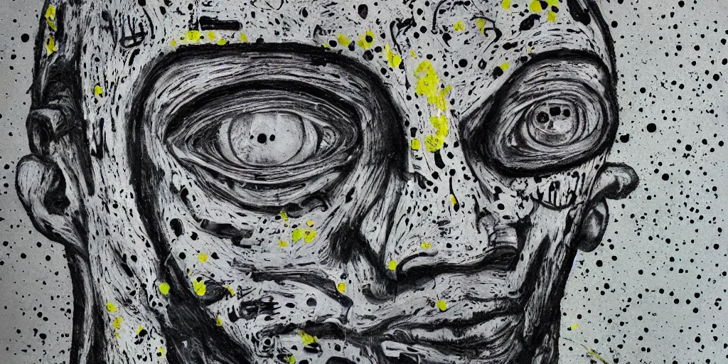 Prompt: eyeless man, technical, acrylic, teeth, eerie, tribal, clay, dotting, lines, stipple, points, cybernetic, style of old painting, francis bacon art, sleep paralysis, hypnosis, eerie, terror, oil, neon, black and white, splotches, colorful dots, ominous, abstract