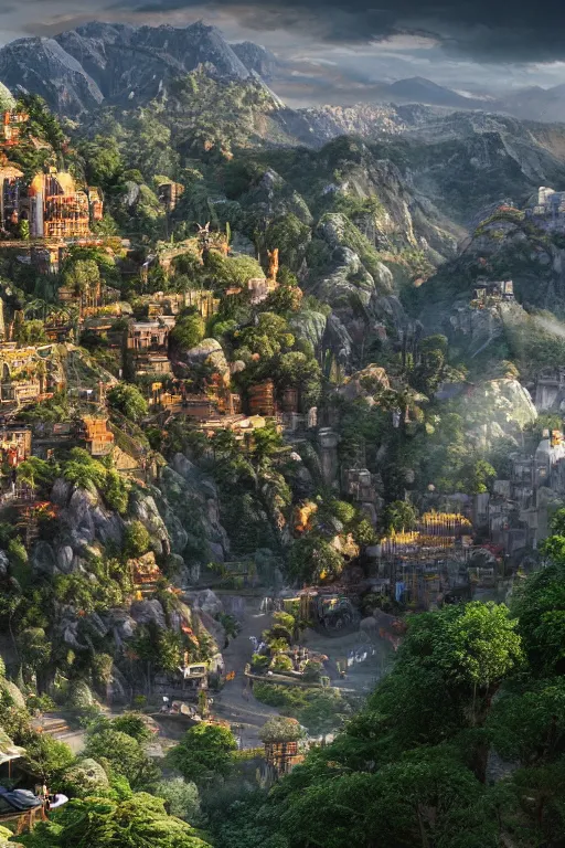 Image similar to a scenic view of a city build on and around a mountain, market and gardens, james paick, imax quality, cinematic photography, cinematic, ue 5, realistic, highly - detailed, sci - fi
