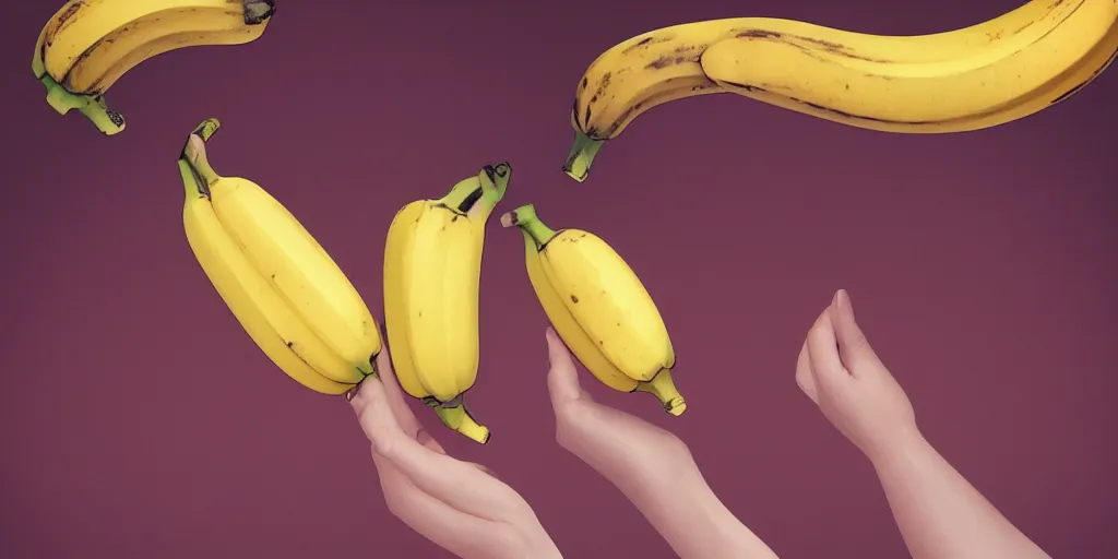 Image similar to two hands, each holding two bananas, each touching a banana on top, then touching a banana on bottom. each banana has a yellow light on top. the bananas are yellow, and there is a red light as the color of bananas, fantasy art, artstation, trending, ultra detailed, emotional