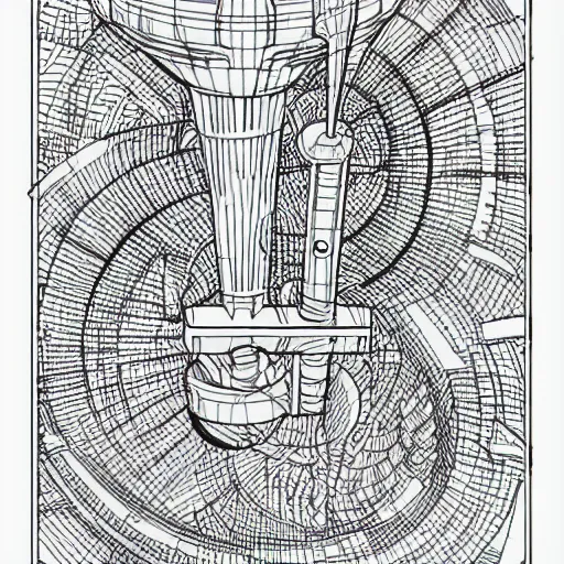 Image similar to Simplistic coloring book of a turbine blueprint, black ball pen on white paper, by Josan Gonzalez and Geof Darrow