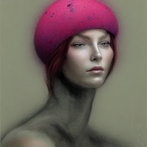 Prompt: portrait of beautiful young woman with flowing pink hair, wearing a black French beret hat, dark fantasy, Warhammer, artstation painted by Zdislav Beksinski and Wayne Barlowe