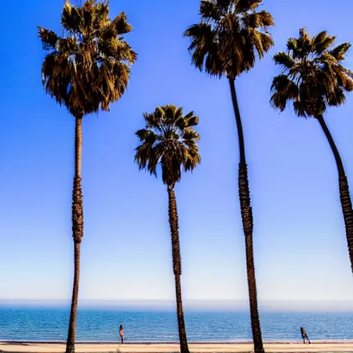Prompt: a line of palm trees floating in sky over a santa monica beach, line of palm trees floating in sky recedes into distance, line of palm trees floats upright into blue sky, california
