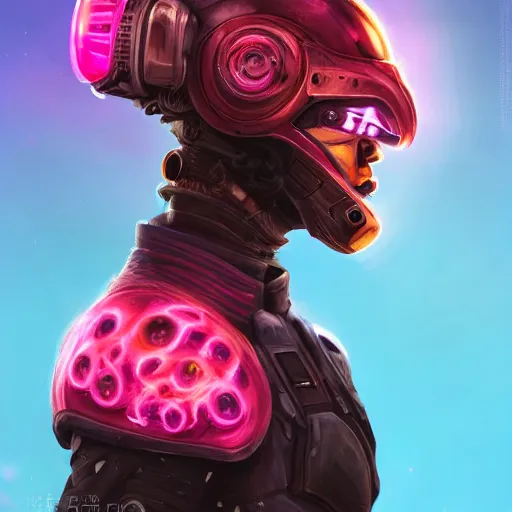 Prompt: profile portrait, helmet lion cyberpunk made of pink lava and fire marvel comics style, aurora digital package, profile portrait, cyberpunk fashion, realistic shaded perfect face, fine details, very dark environment, misty atmosphere, closeup, d & d, fantasy, intricate, elegant, highly detailed, digital painting, artstation, concept art, matte, sharp focus, illustration, hearthstone