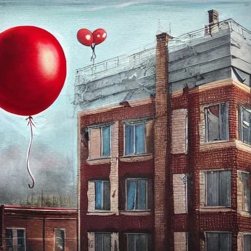 Image similar to grunge painting of a rooftop with a wide smile and a red balloon by chris leib, loony toons style, pennywise style, corpse bride style, horror theme, detailed, elegant, intricate, conceptual, volumetric light