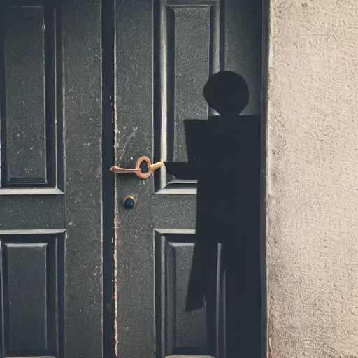 Image similar to a dark figure sitting in front of a door holding a key