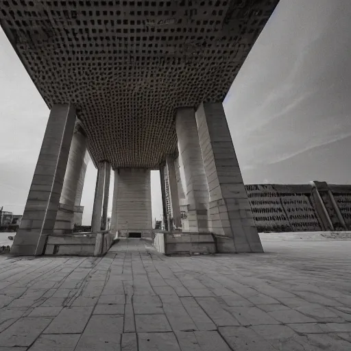 Prompt: a wide shot of a soviet beautiful brutalist monumental building, with many rounded elements sprouting from the base tower creating a feel of an organic structure, photography shot at golden hour