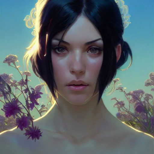 Image similar to highly detailed vfx portrait of nico robin, stephen bliss, greg rutkowski, loish, rhads, beeple, makoto shinkai, tom bagshaw, alphonse mucha, sharp focus, art by artgerm and greg rutkowski, stanley kubrick, backlit, harsh overhead sunlight, blue eyes,