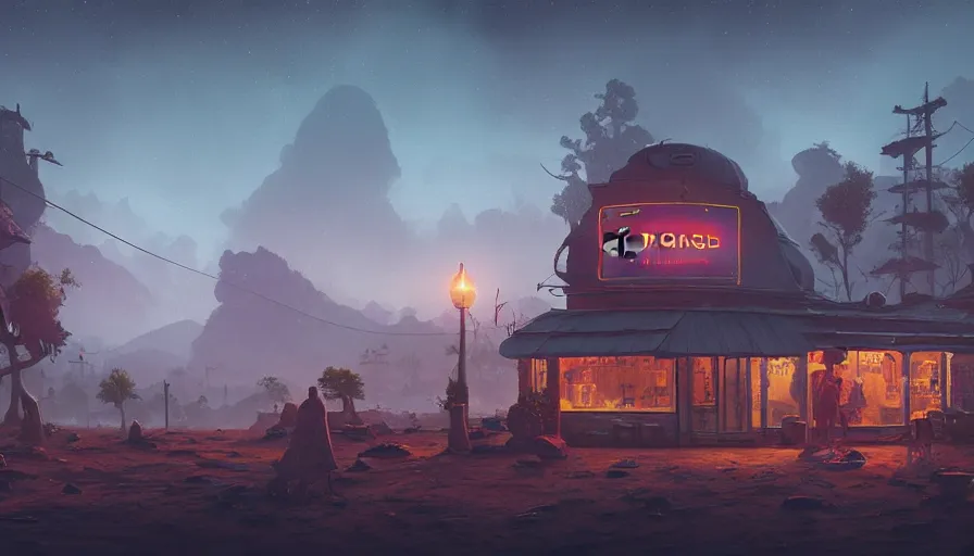 Prompt: a typical kerala tea shop on the moon, an epic fantasy, dramatic lighting, cinematic, establishing shot, extremely high detail, photorealistic, cinematic lighting, artstation, matte painting, simon stalenhag, horizon forbidden west