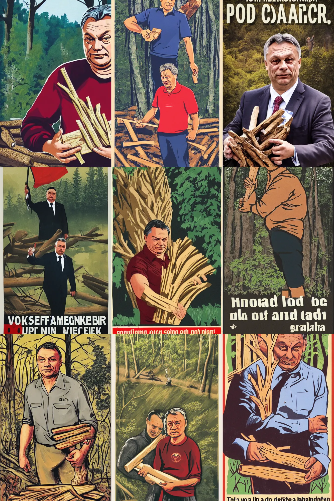 Prompt: propaganda poster of comforting viktor orban, holding a wood piece, forest in background