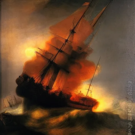 Prompt: large ship being tossed about in a fiery storm in the sea, dark, low light, terrifying, beautiful, rembrandt painting