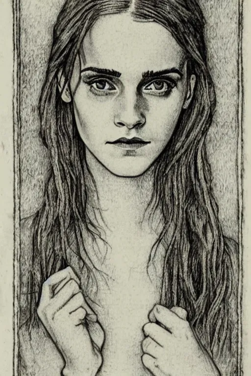 Prompt: realistic medieval etching of emma watson, high detail, elaborate composition, quality draughtmanship, detailed faces. by austin osman spare, occult art, alchemical diagram