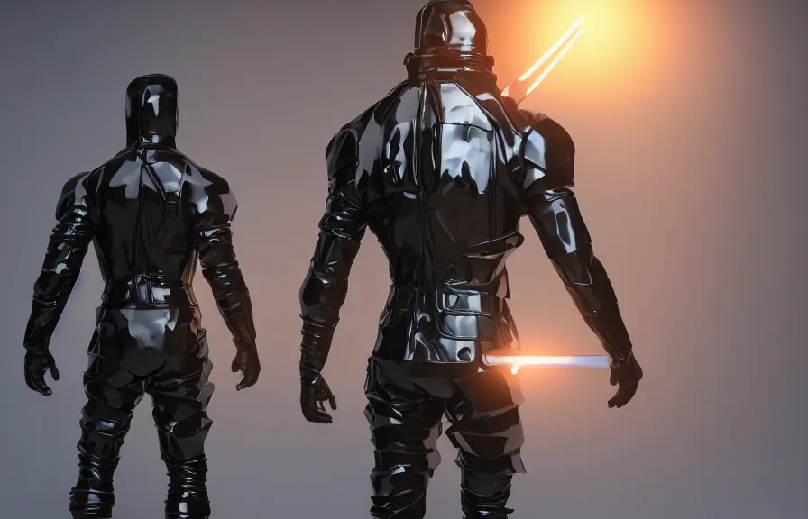 Image similar to futuristic warrior with black latex, with his back to the viewer, futuristic latex armor, back light, full body view, 8 k, 3 d render, cinematic lighting